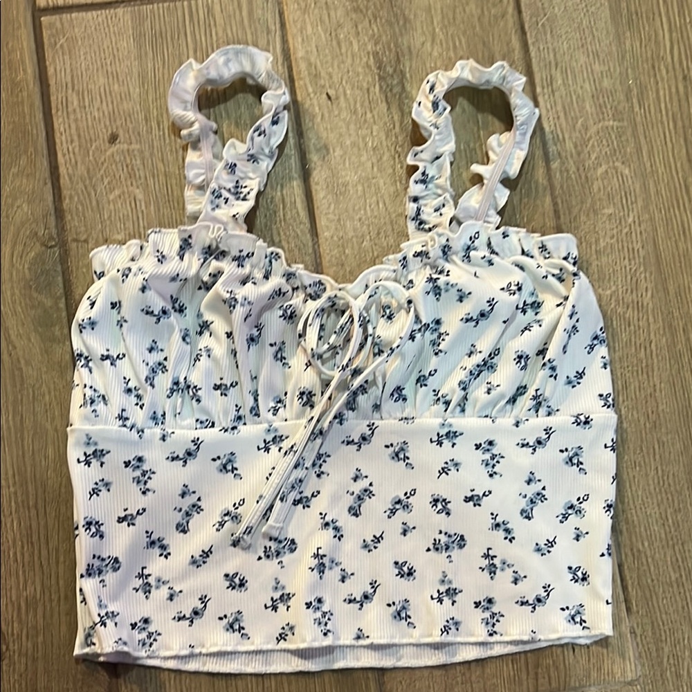 SHEIN White and Blue Floral Tank Top